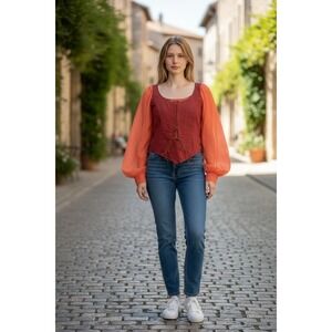 Corset Top Sheer Puff Sleeve Sunflower Patch Lace Up Front Bohemian Whimsical XL